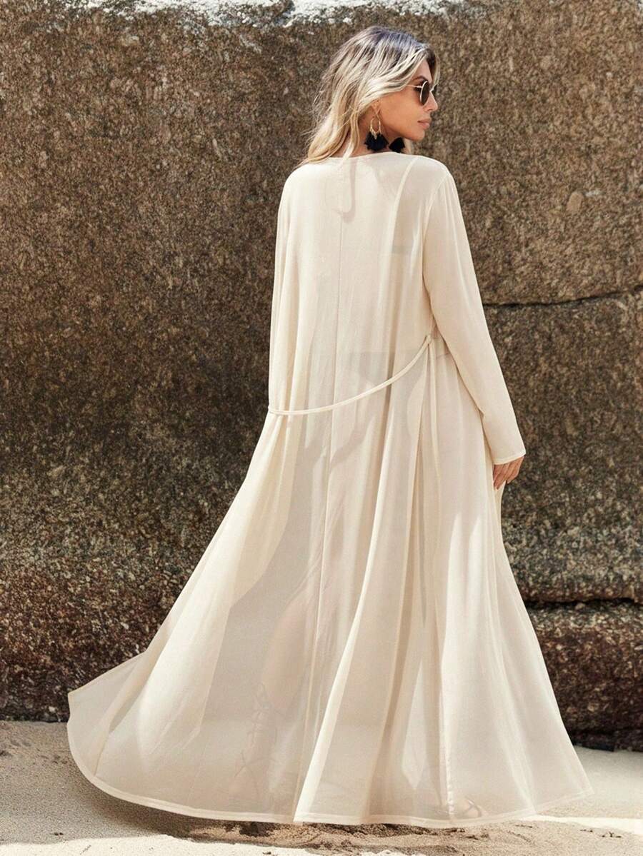 Kimono Longo Transparente com Manga Longa e Cinto