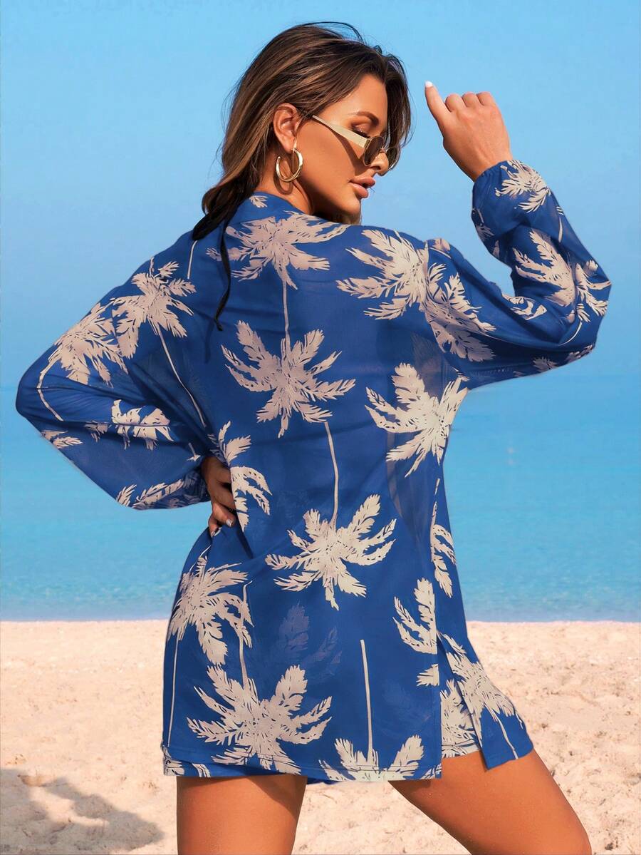 Conjunto de Praia 3 Peças com Kimono de Tela e Shorts Estampados