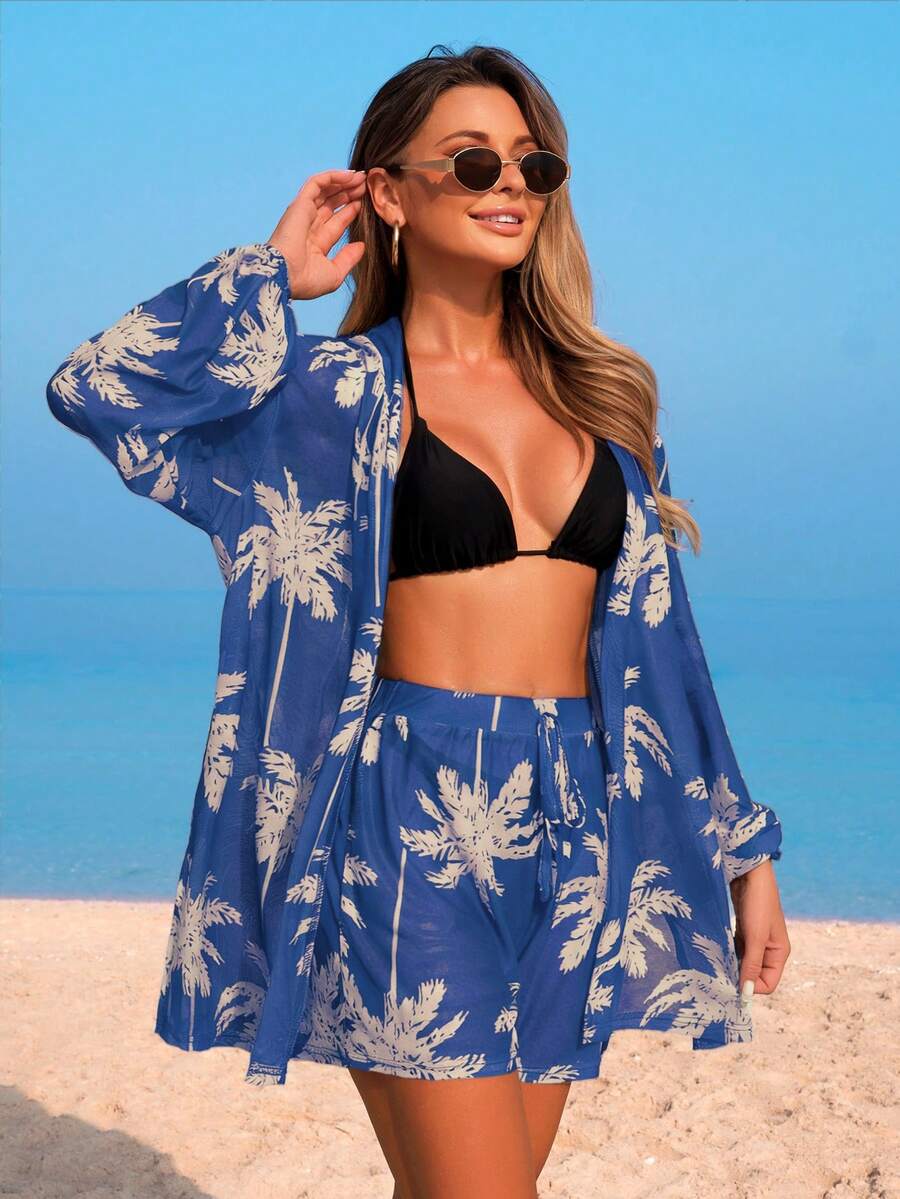Conjunto de Praia 3 Peças com Kimono de Tela e Shorts Estampados