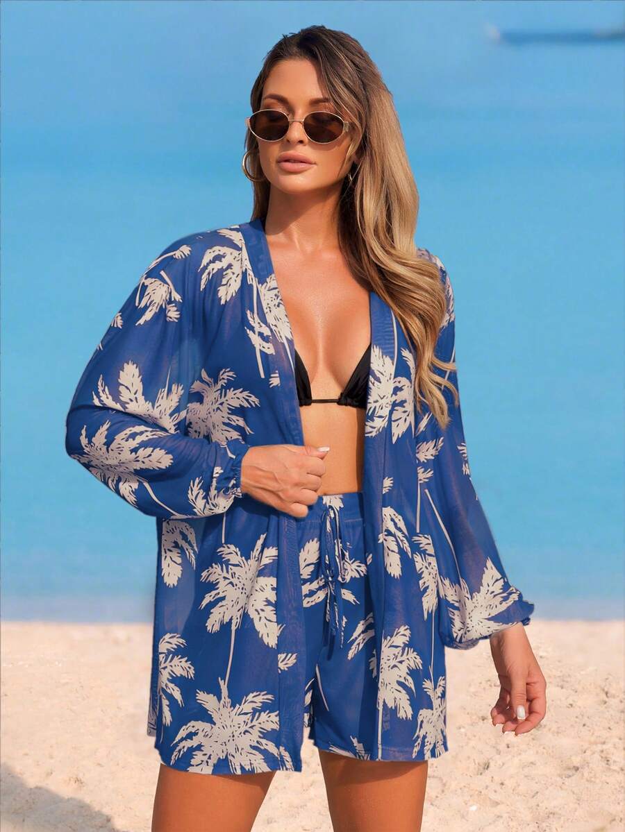 Conjunto de Praia 3 Peças com Kimono de Tela e Shorts Estampados