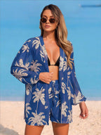 Conjunto de Praia 3 Peças com Kimono de Tela e Shorts Estampados