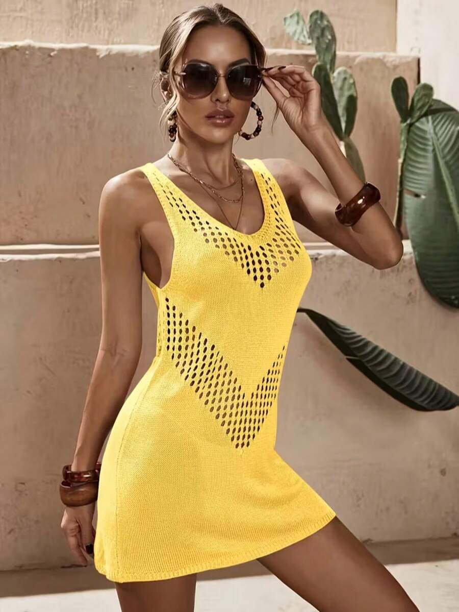 Vestido Saída de Praia Curto em Tricô Vazado Geométrico - La Lecce