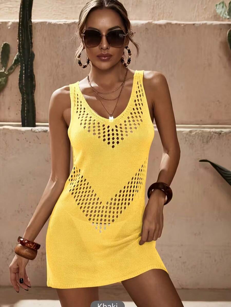 Vestido Saída de Praia Curto em Tricô Vazado Geométrico - La Lecce