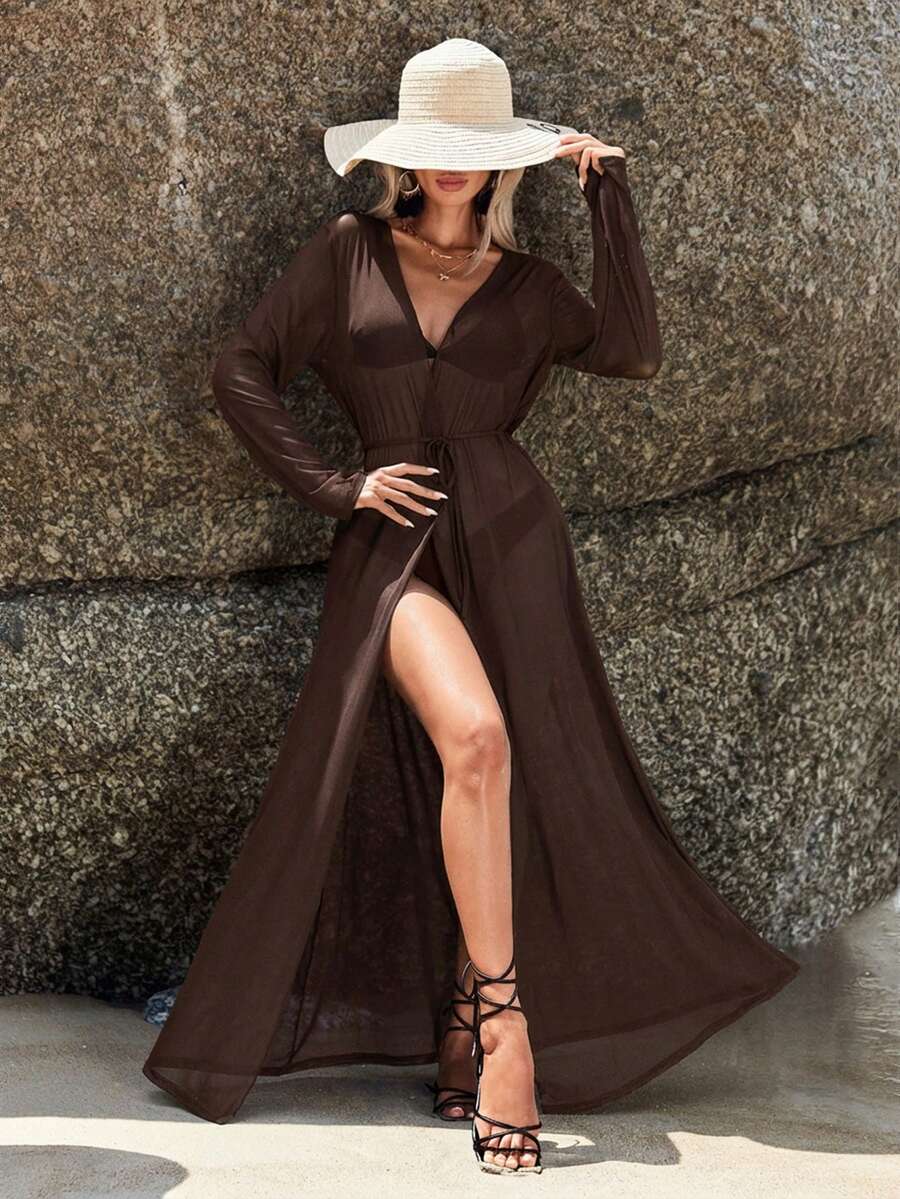 Kimono Longo Transparente com Manga Longa e Cinto
