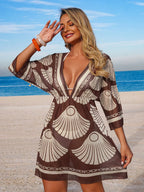 Saída de Praia Vestido Decote V com Meia Manga
