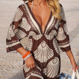 Saída de Praia Vestido Decote V com Meia Manga
