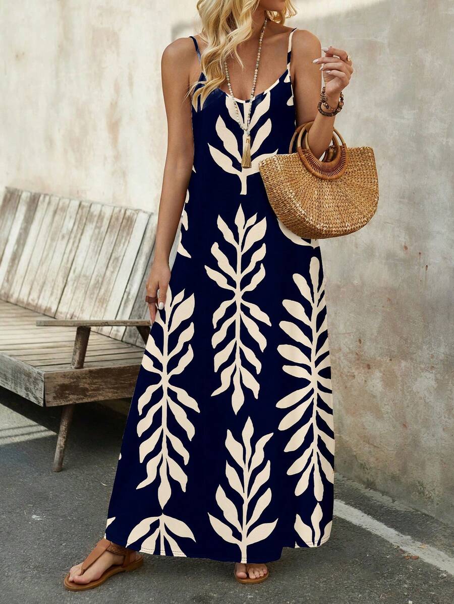 Vestido Longo de Malha com Estampa de Folhas de Coqueiro