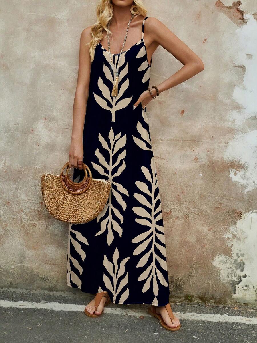 Vestido Longo de Malha com Estampa de Folhas de Coqueiro