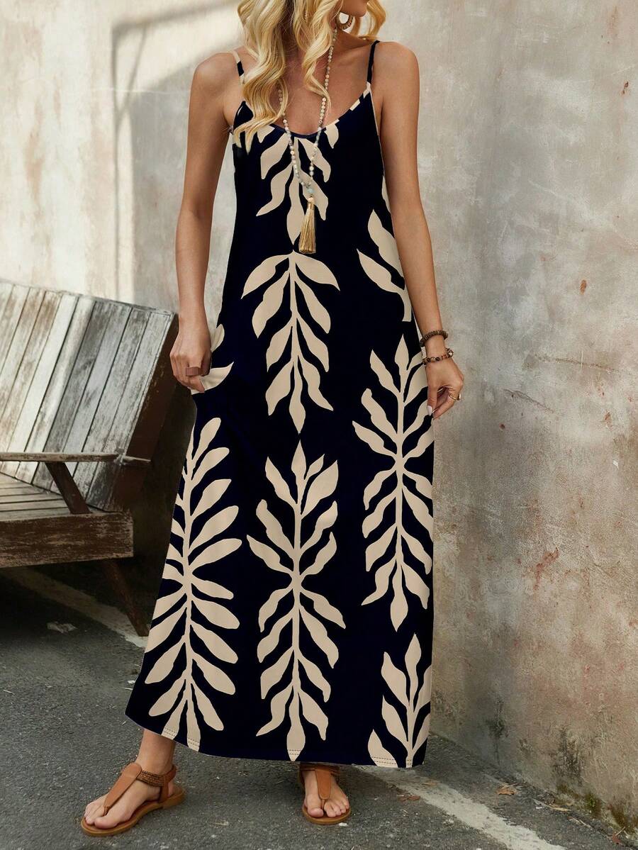 Vestido Longo de Malha com Estampa de Folhas de Coqueiro