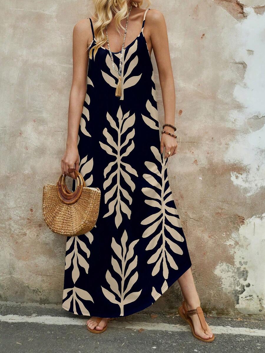 Vestido Longo de Malha com Estampa de Folhas de Coqueiro