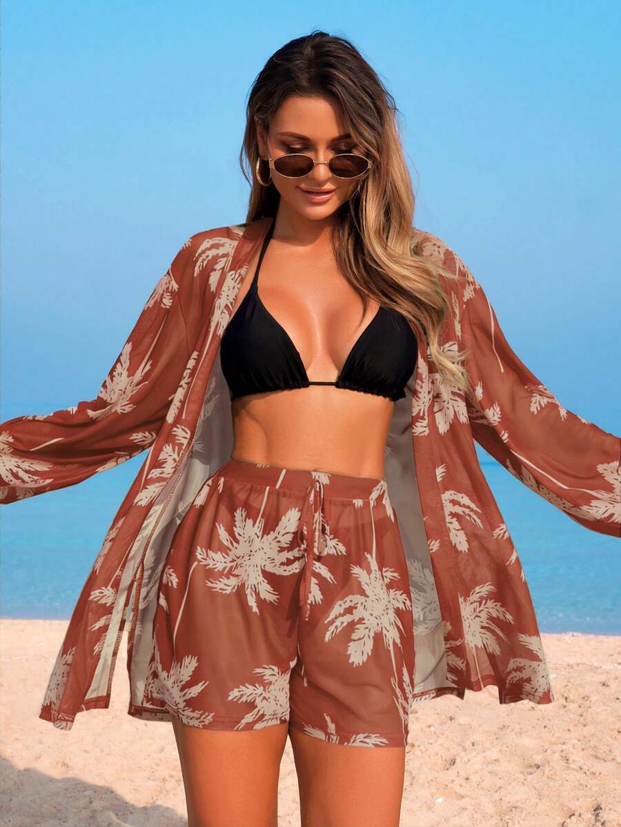 Conjunto de Praia 3 Peças com Kimono de Tela e Shorts Estampados