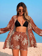 Conjunto de Praia 3 Peças com Kimono de Tela e Shorts Estampados