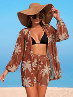 Conjunto de Praia 3 Peças com Kimono de Tela e Shorts Estampados