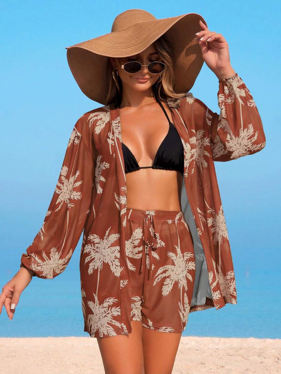 Conjunto de Praia 3 Peças com Kimono de Tela e Shorts Estampados