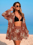 Conjunto de Praia 3 Peças com Kimono de Tela e Shorts Estampados
