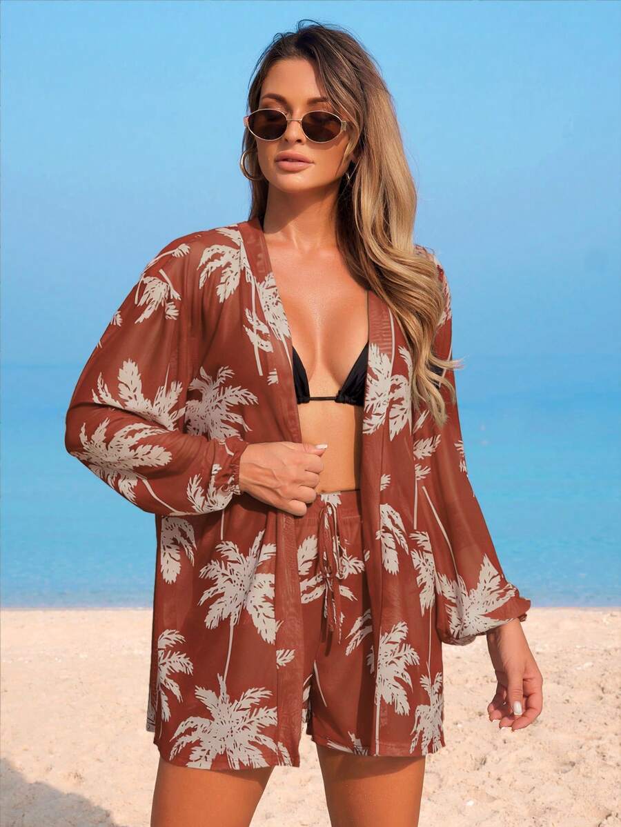 Conjunto de Praia 3 Peças com Kimono de Tela e Shorts Estampados