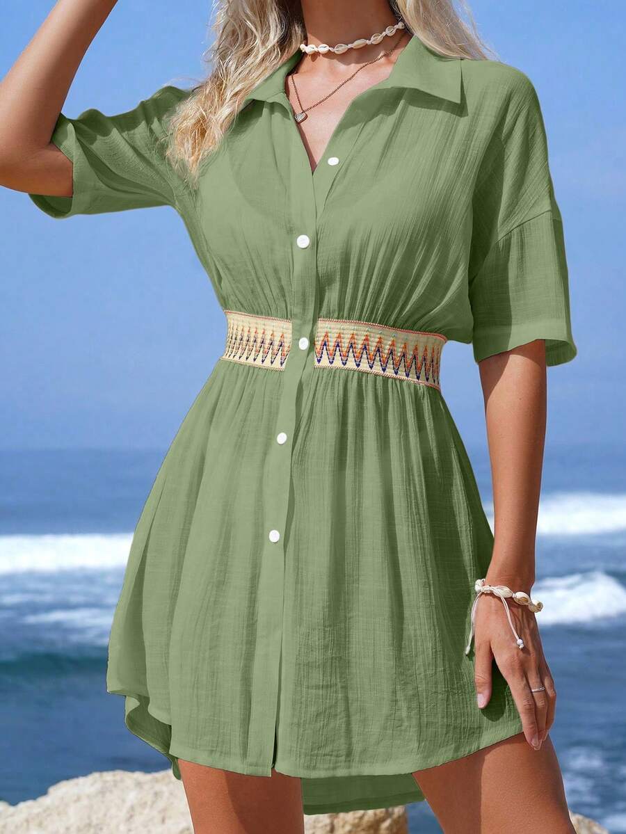 Vestido Saída de Praia Midi com Botões e Cintura Franzida - La Lecce