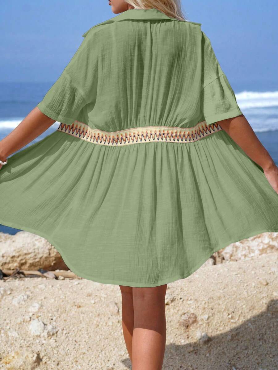 Vestido Saída de Praia Midi com Botões e Cintura Franzida - La Lecce