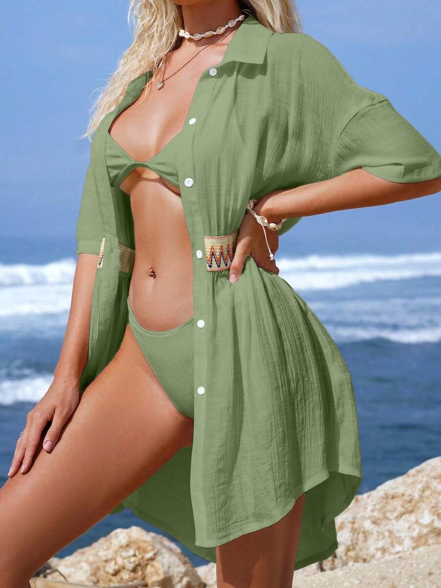 Vestido Saída de Praia Midi com Botões e Cintura Franzida - La Lecce