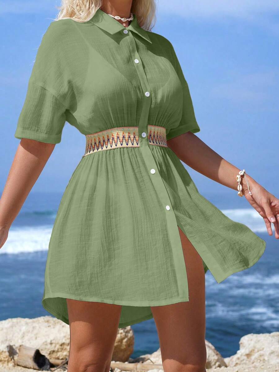 Vestido Saída de Praia Midi com Botões e Cintura Franzida - La Lecce