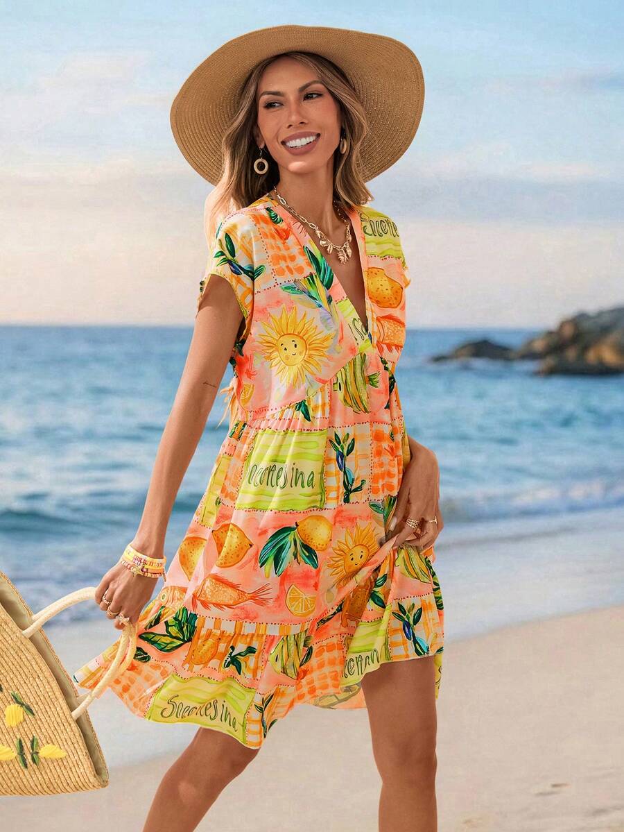 Vestido Curto Boho com Babado e Detalhe em Pompom - La Lecce