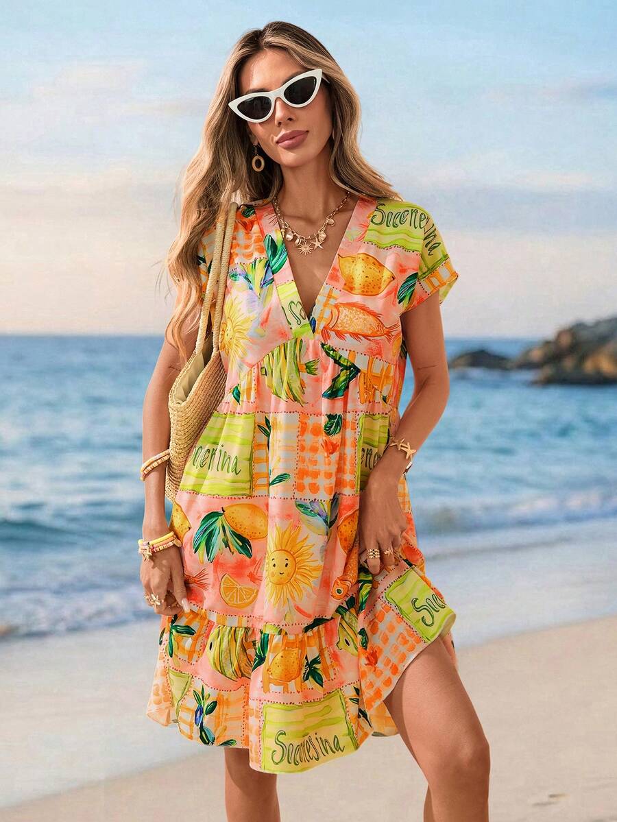 Vestido Curto Boho com Babado e Detalhe em Pompom - La Lecce