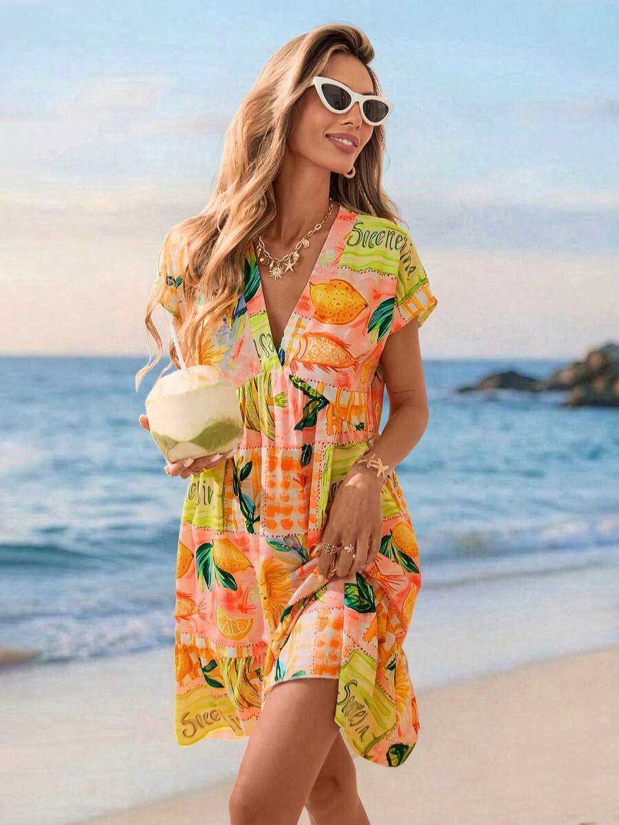 Vestido Curto Boho com Babado e Detalhe em Pompom - La Lecce