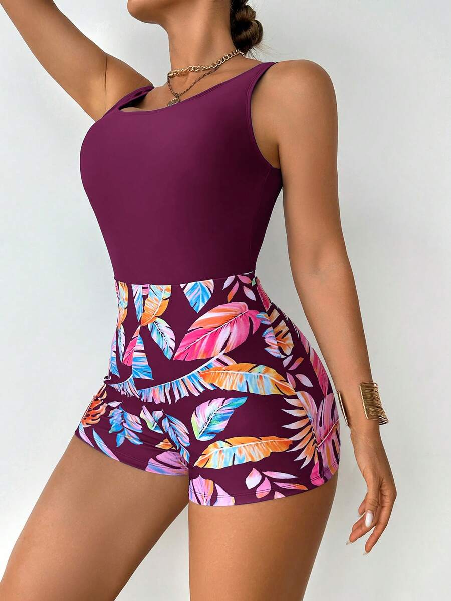 Maiô Bicolor com Estampa Abstrata e Costas Abertas