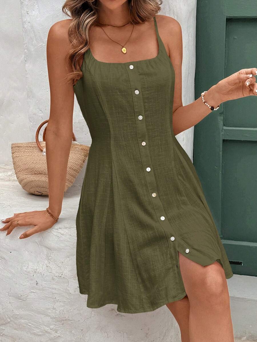 Vestido Curto de Linho com Alças e Botões Frontais - La Lecce