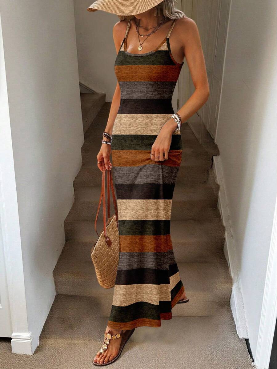 Vestido Maxi Listrado com Bainha Assimétrica - La Lecce