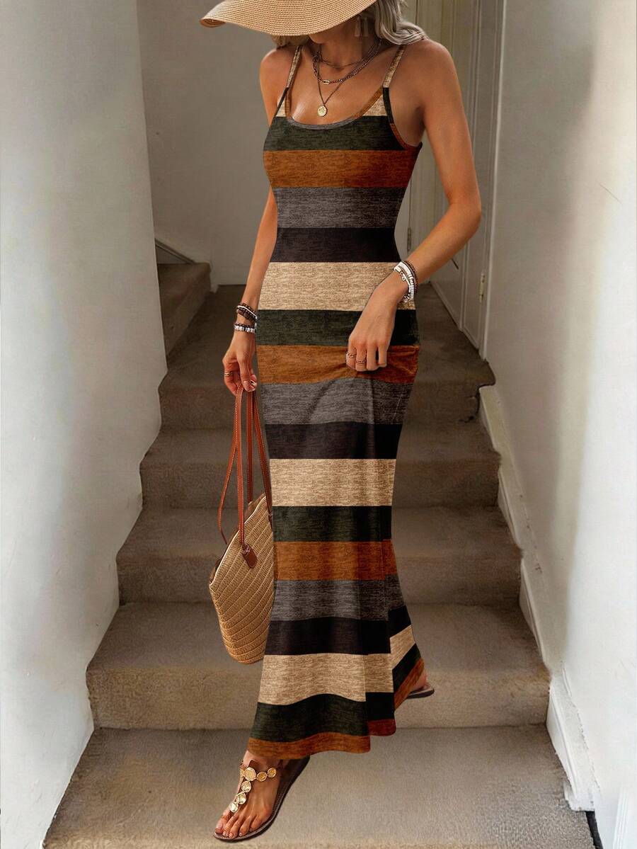 Vestido Maxi Listrado com Bainha Assimétrica - La Lecce