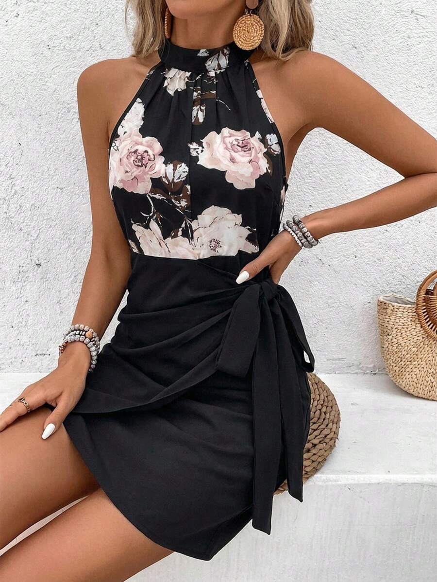 Vestido Curto Floral Frente Única com Nó - La Lecce