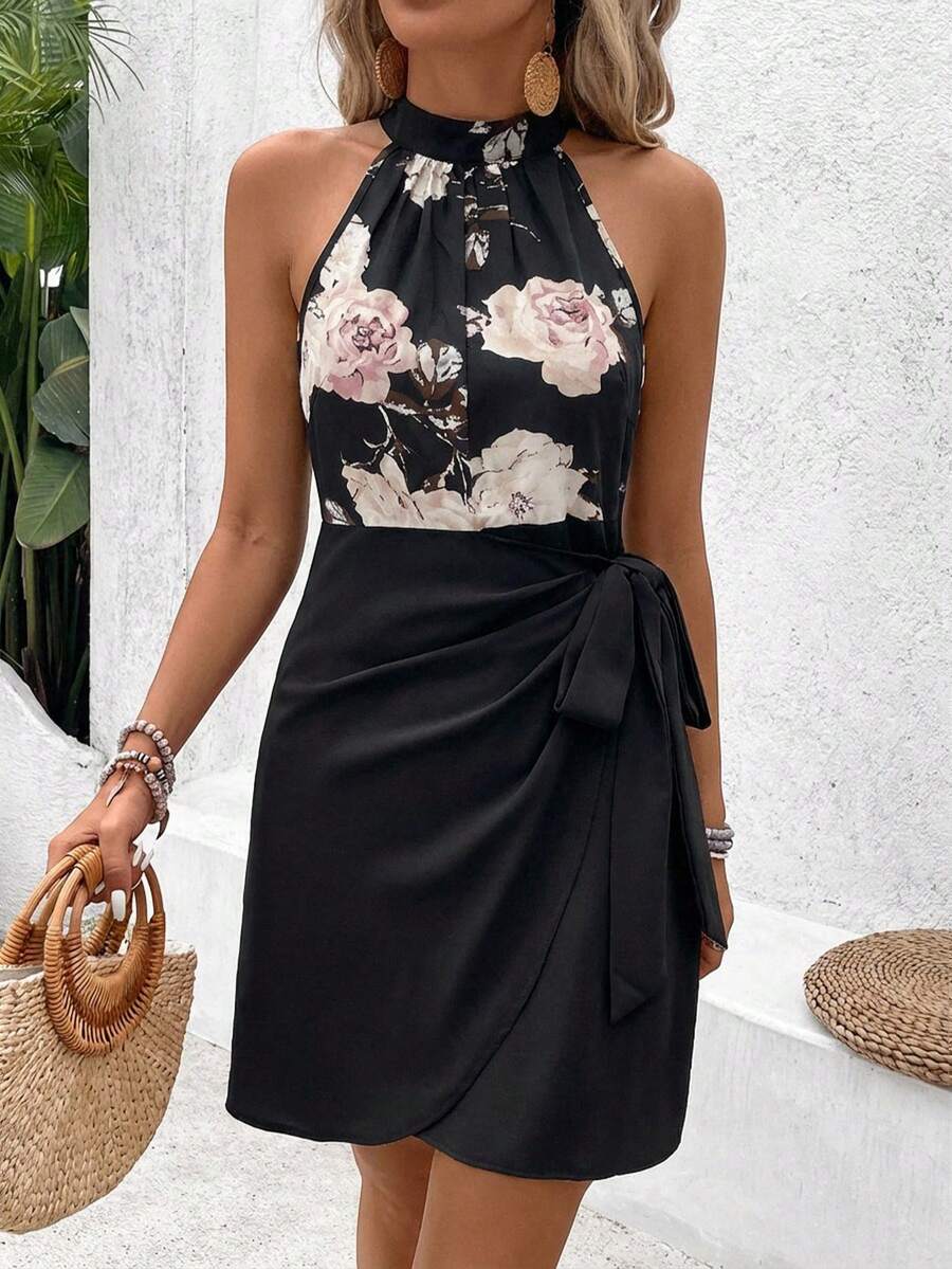 Vestido Curto Floral Frente Única com Nó - La Lecce