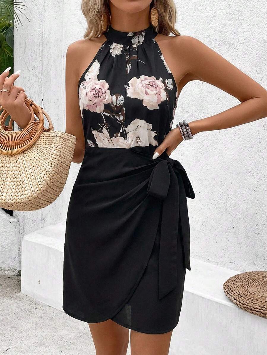Vestido Curto Floral Frente Única com Nó - La Lecce