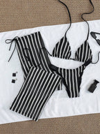Conjunto de Biquíni 3 Peças Listrado com Top Frente-Única