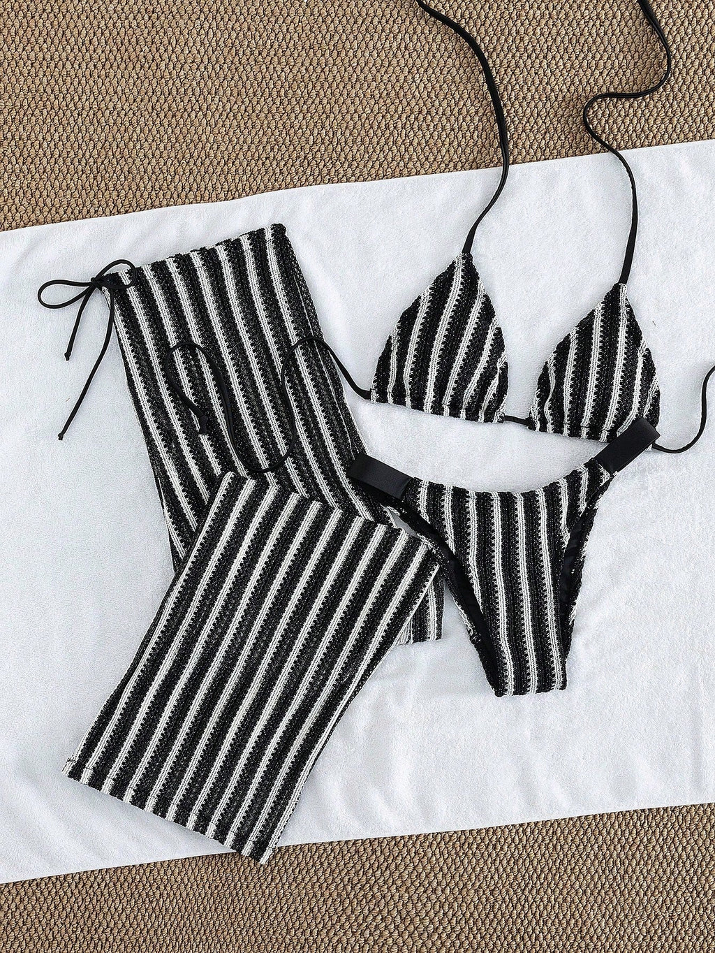 Conjunto de Biquíni 3 Peças Listrado com Top Frente-Única