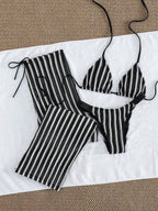 Conjunto de Biquíni 3 Peças Listrado com Top Frente-Única