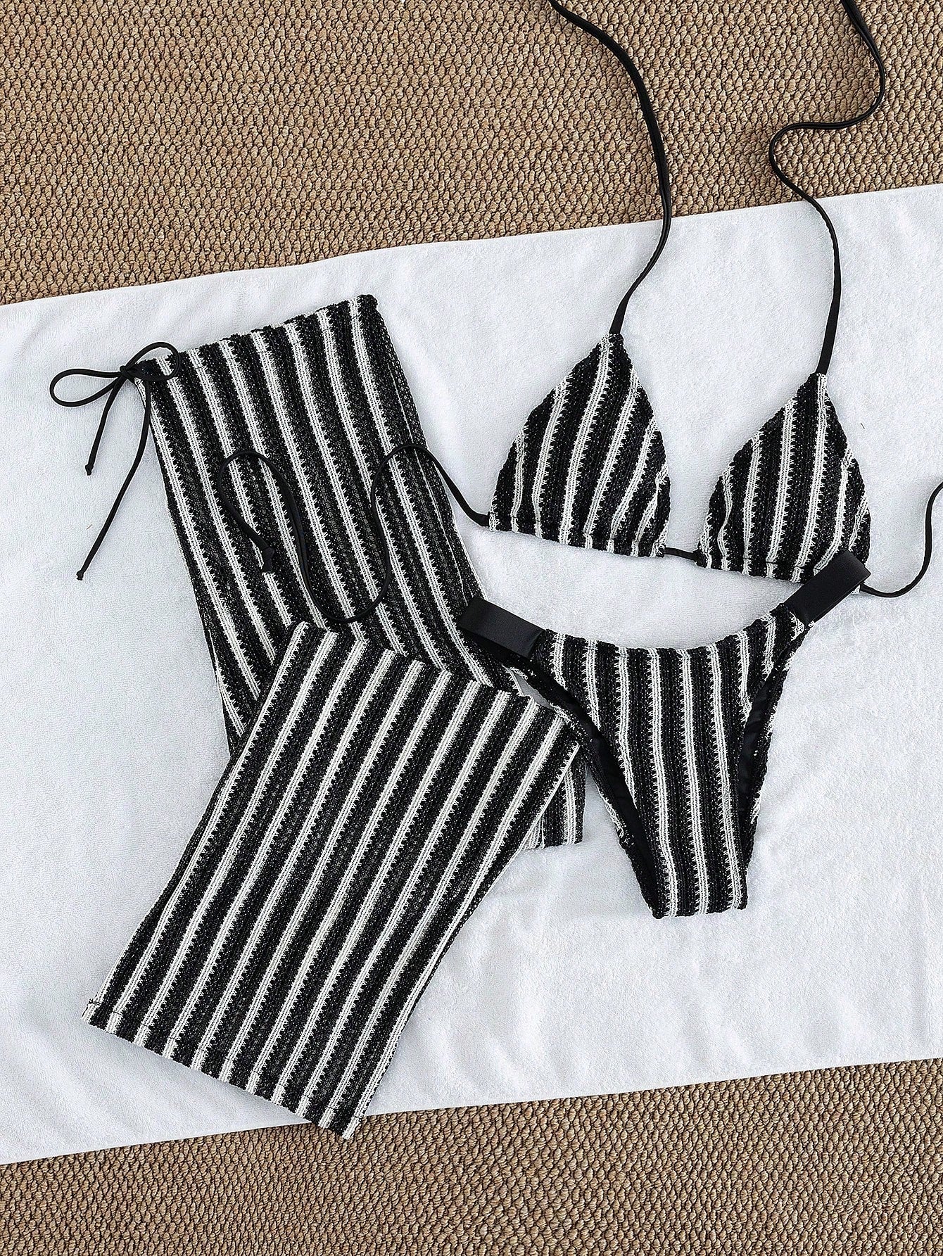 Conjunto de Biquíni 3 Peças Listrado com Top Frente-Única