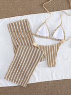 Conjunto de Biquíni 3 Peças Listrado com Top Frente-Única