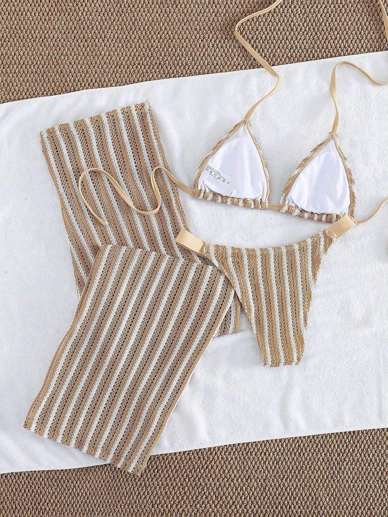 Conjunto de Biquíni 3 Peças Listrado com Top Frente-Única