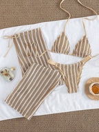 Conjunto de Biquíni 3 Peças Listrado com Top Frente-Única