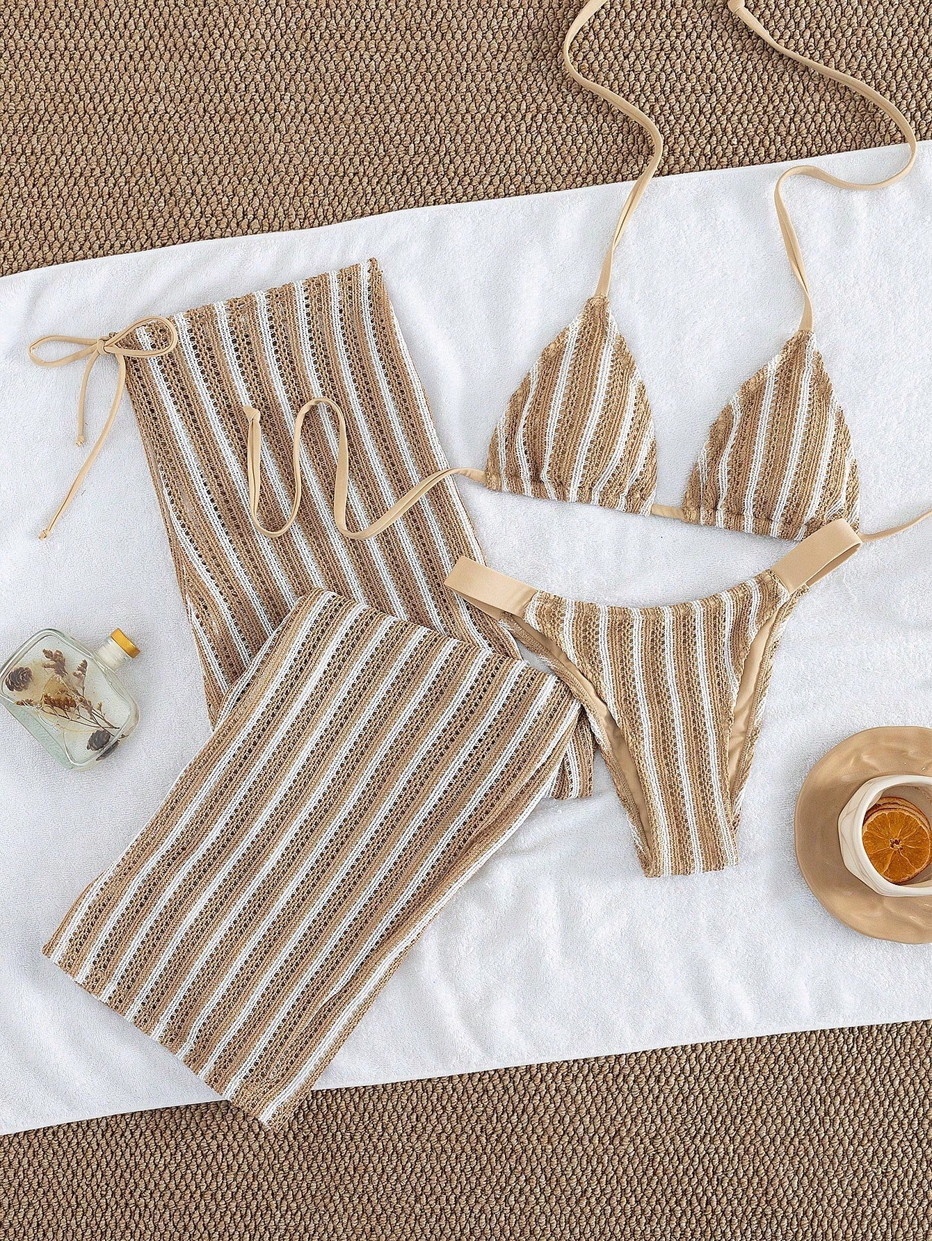Conjunto de Biquíni 3 Peças Listrado com Top Frente-Única