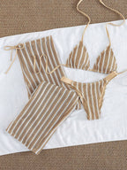 Conjunto de Biquíni 3 Peças Listrado com Top Frente-Única