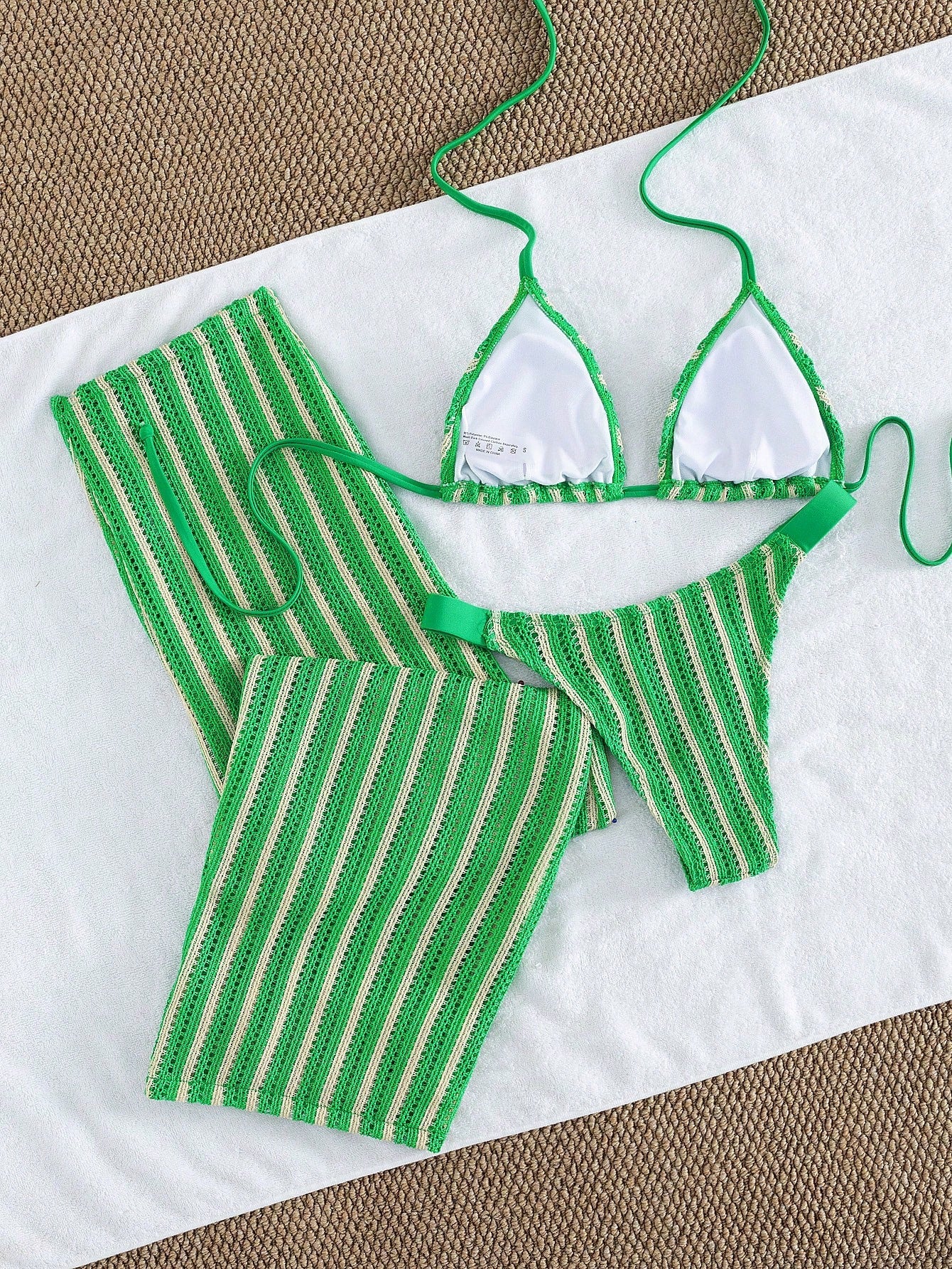 Conjunto de Biquíni 3 Peças Listrado com Top Frente-Única