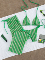 Conjunto de Biquíni 3 Peças Listrado com Top Frente-Única