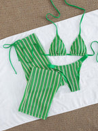 Conjunto de Biquíni 3 Peças Listrado com Top Frente-Única