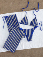 Conjunto de Biquíni 3 Peças Listrado com Top Frente-Única