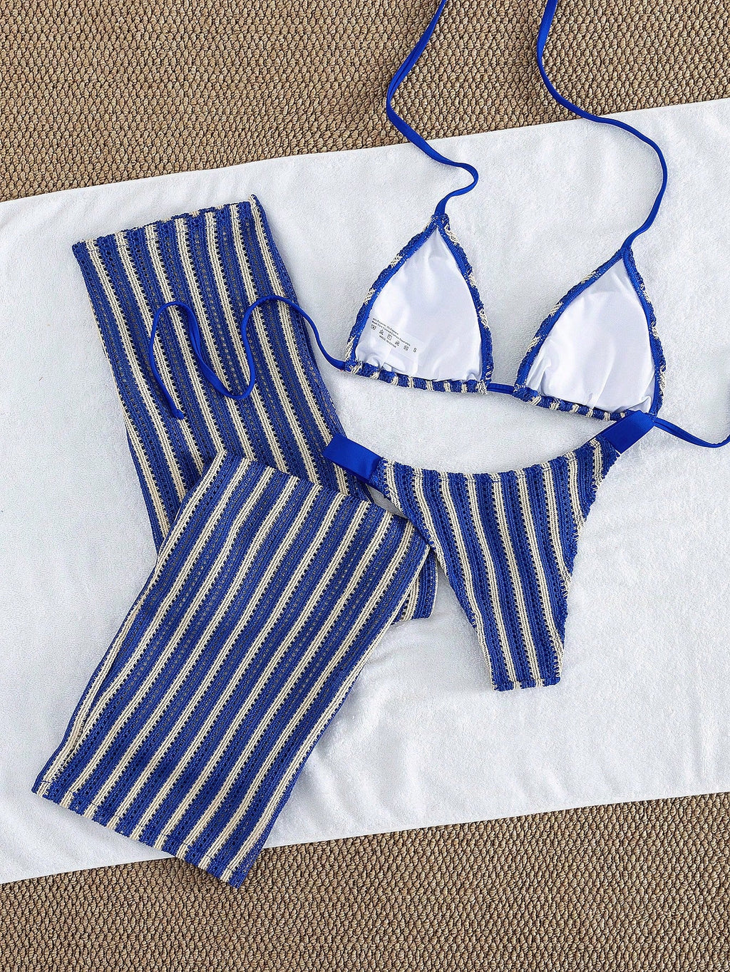 Conjunto de Biquíni 3 Peças Listrado com Top Frente-Única