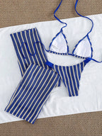 Conjunto de Biquíni 3 Peças Listrado com Top Frente-Única