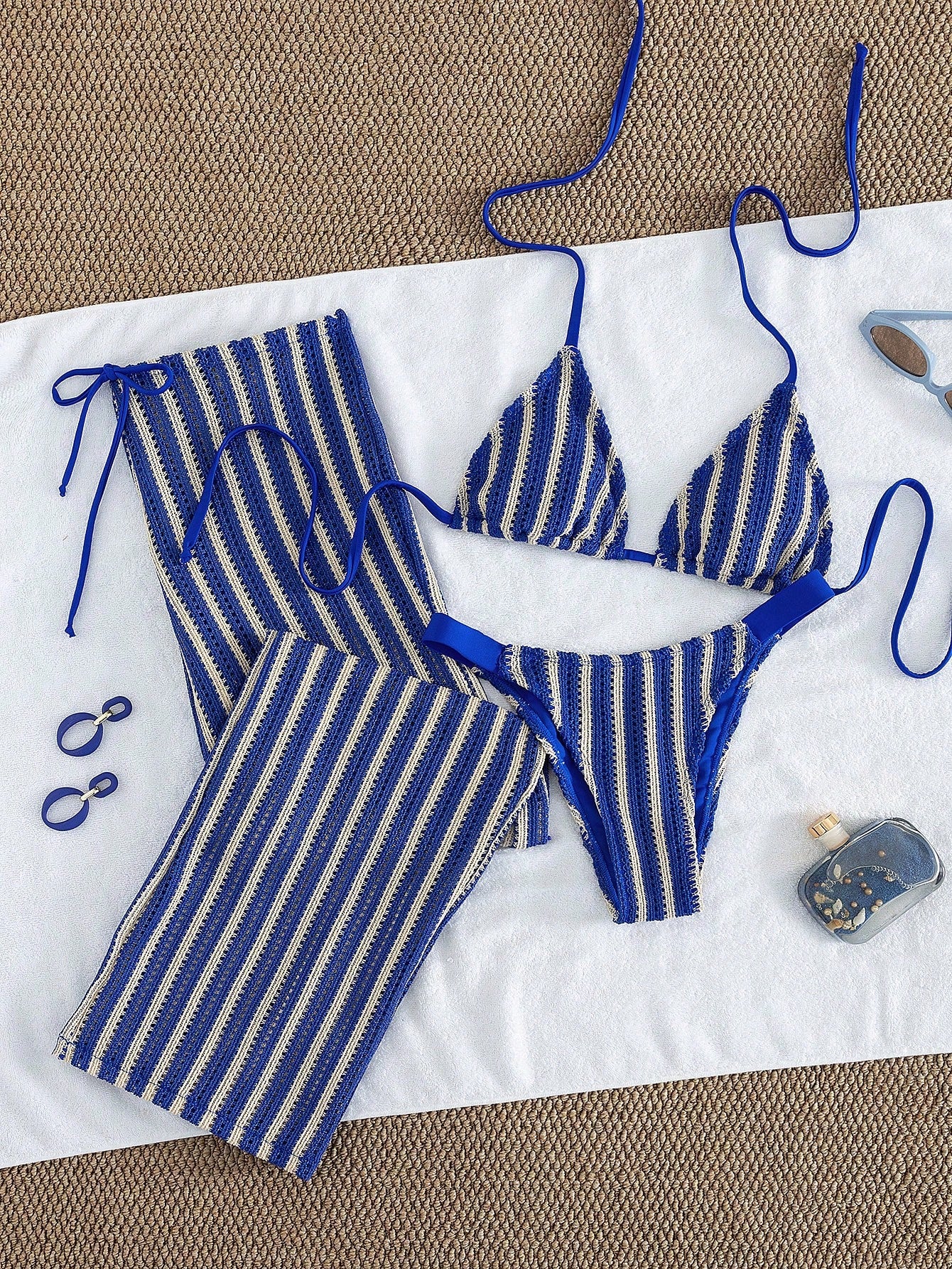 Conjunto de Biquíni 3 Peças Listrado com Top Frente-Única